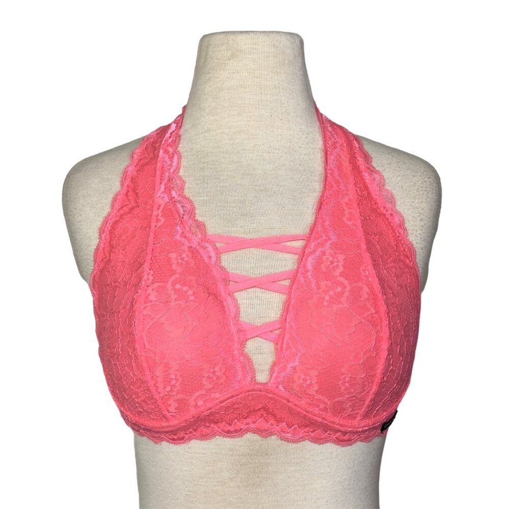 Bebe Intimates Coral Lace Halter Neck Crisscross Details Bralette Size M NEW!